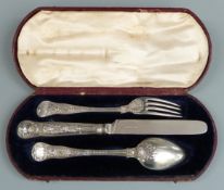 Cased Victorian hallmarked silver presentation knife, fork and spoon set, London 1849/1852, weight