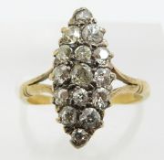 Victorian 18ct gold marquise shaped ring set with diamonds, 3g, size M