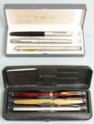 Six various pens comprising Waterman fountain pen with brown marbled body and 18ct gold nib,