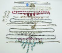 A collection of vintage necklaces including Art Deco pink paste, silver and pale pink paste,