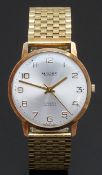 Majex 9ct gold gentleman's wristwatch with gold hands and Arabic numerals, silver dial and 17