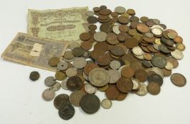 An amateur collection of UK and world coinage, banknotes etc including a bronze Roman example