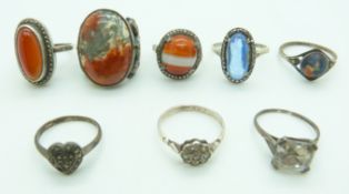 Eight silver rings including agate and marcasite set examples