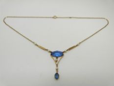 Art Deco 9ct gold necklace set with blue paste and faux pearls, 3.3g