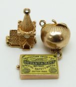 A 15ct gold charm in the form of a matchbox set with enamel (3.9g), 9ct gold charm in the form of an