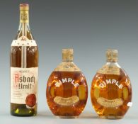 Two bottles of Haig Dimple 70 proof Scotch Whisky and Asbach Uralt brandy, ex-NAAFI