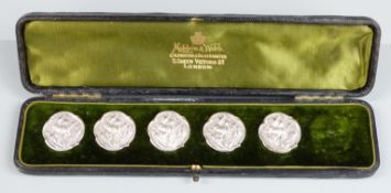 Mappin & Webb cased set of five hallmarked silver Art Nouveau buttons, Birmingham 1903 maker Henry