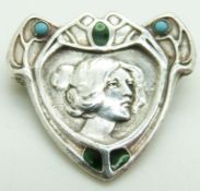 Charles Horner Art Nouveau silver and enamel brooch depicting a lady, Chester 1903