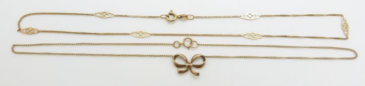 A 9ct gold bow brooch and a 9ct gold necklace, 4.3g
