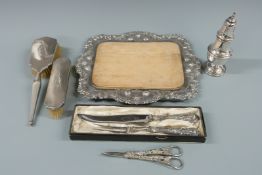 Two hallmarked silver mounted brushes, Viners Kings pattern silver handled carving set, cheese board