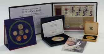 Three coin presentation packs together with two gold plated cased coins including a 5oz example
