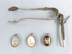 Victorian hallmarked silver sugar tongs, Birmingham 1896, tie clip in the form of a dagger and three