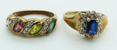 A 9ct gold ring set with a synthetic sapphire and diamonds and a 9ct gold ring set with marquise cut