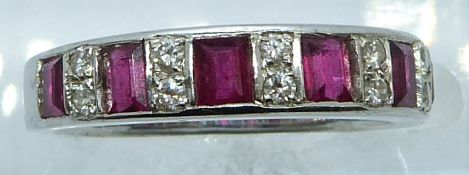 An 18ct white gold ring set with square/ rectangular cut rubies and diamonds, 4.6g, size L