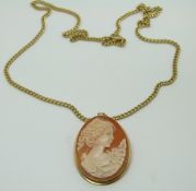 A 9ct gold necklace (11.2g) and a 9ct gold cameo brooch/pendant, 3.5 x 2.8cm
