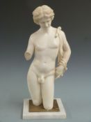 Classical style carved marble/alabaster nude male head and torso, on a brass and marble stand, H53cm