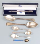 Pair of Georgian hallmarked silver table spoons, London 1826, further cutlery including Swedish