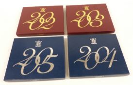 Four Royal Mint cased UK Proof Coin Collection sets for 2002, 2003, 2004 and 2005, with