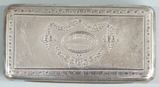 Georgian hallmarked silver snuff box with hinged lid and engraved decoration and inscription J.