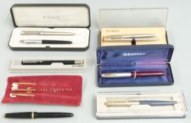 Eleven various pens and pencils including Parker 45 fountain pen with blue body in original box,