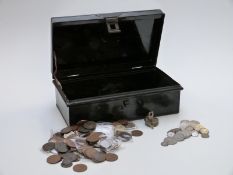 Approximately 183g of mixed silver coinage, George III onwards, with a metal cash box containing