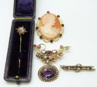 A micro mosaic stick pin, 9ct gold Edwardian brooch set with seed pearls, 9ct gold brooch, cameo
