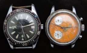 Two gentleman's wristwatches one Globa chronograph with orange dial, silver sub dials, luminous