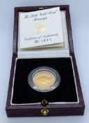 Elizabeth II 1996 proof gold full sovereign, cased with certificate no 1051