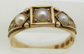 Victorian 18ct gold ring set with pearls, London 1877, in original box, 3.3g, size M