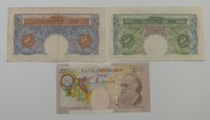 Two UK £1 banknotes comprising a green O'Brien and a blue Peppiatt, together with a Lowther £10