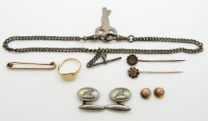 An 18ct gold signet ring (4.8g), hallmarked silver Albert, intaglio cufflinks depicting horses,