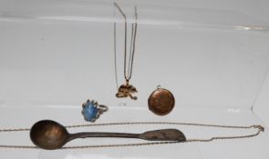A collection of costume jewellery including 9ct gold chain, locket, watches, beads, Sarah Coventry