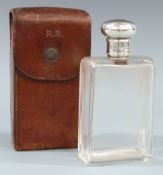 George V leather cased hallmarked silver lidded glass spirit flask, London 1917 maker John Collard