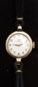 Omega 9ct gold ladies wristwatch ref.11624 with gold hands and Arabic numerals, silver dial and