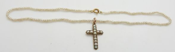 Victorian rose gold cross pendant set with split pearls on a seed pearl necklace, with 9ct gold