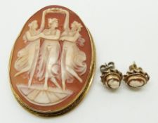 A 9ct gold brooch set with a cameo depicting the Three Graces and a pair of 9ct gold earrings set