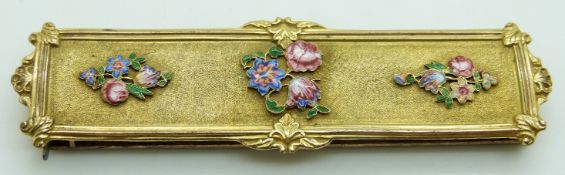 Victorian pinchbeck buckle decorated with Bilston enamel flower, 8.4 x 2.2cm
