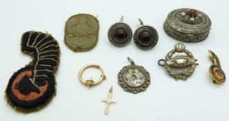 A pair of silver cufflinks, Fear Naught badge, silver pendant and French yellow metal clasp