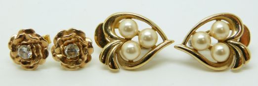 A pair of 9ct gold earrings set with faux pearls and a pair of 9ct gold earrings set with a cubic