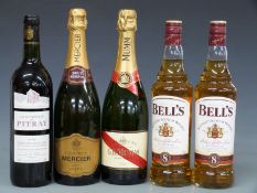 Five bottles of assorted alcohol. Mercier brut reserve Champagne, G.H Mumm brut Champagne, La