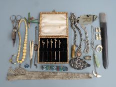 Hallmarked silver watch chain, beaded needle case, hallmarked silver bracelet, stanhope