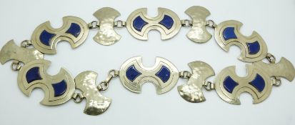 Helen Newman of Stroud hammered nickel or similar and blue enamel belt