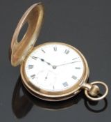 9ct gold keyless winding half hunter pocket watch with inset subsidiary seconds dial, blued hands,