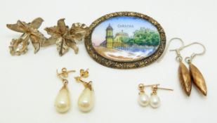 A pair of Victorian yellow metal earrings, Art Nouveau style earrings, a pair of pearl earrings, a
