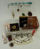 A collection of jewellery including Stratton compact, silver chains, Japanese lacquer box etc