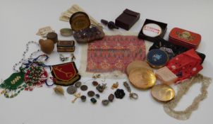 A collection of jewellery etc including compacts, beads, amethyst stone etc