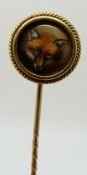 Victorian stick pin set with a painting enamel plaque depicting a fox with a rope twist border, by