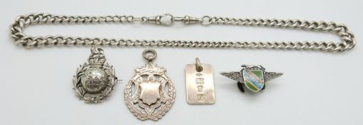 A silver Albert fob chain, silver ingot, fob, Leicestershire Aero Club and Royal Marines brooches