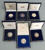 Six 1980s South African Mint silver 1 Rand commemorative coins, all cased, no certificates