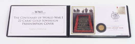 George V 1914 gold full sovereign in WWI presentation cover by Jubilee Mint